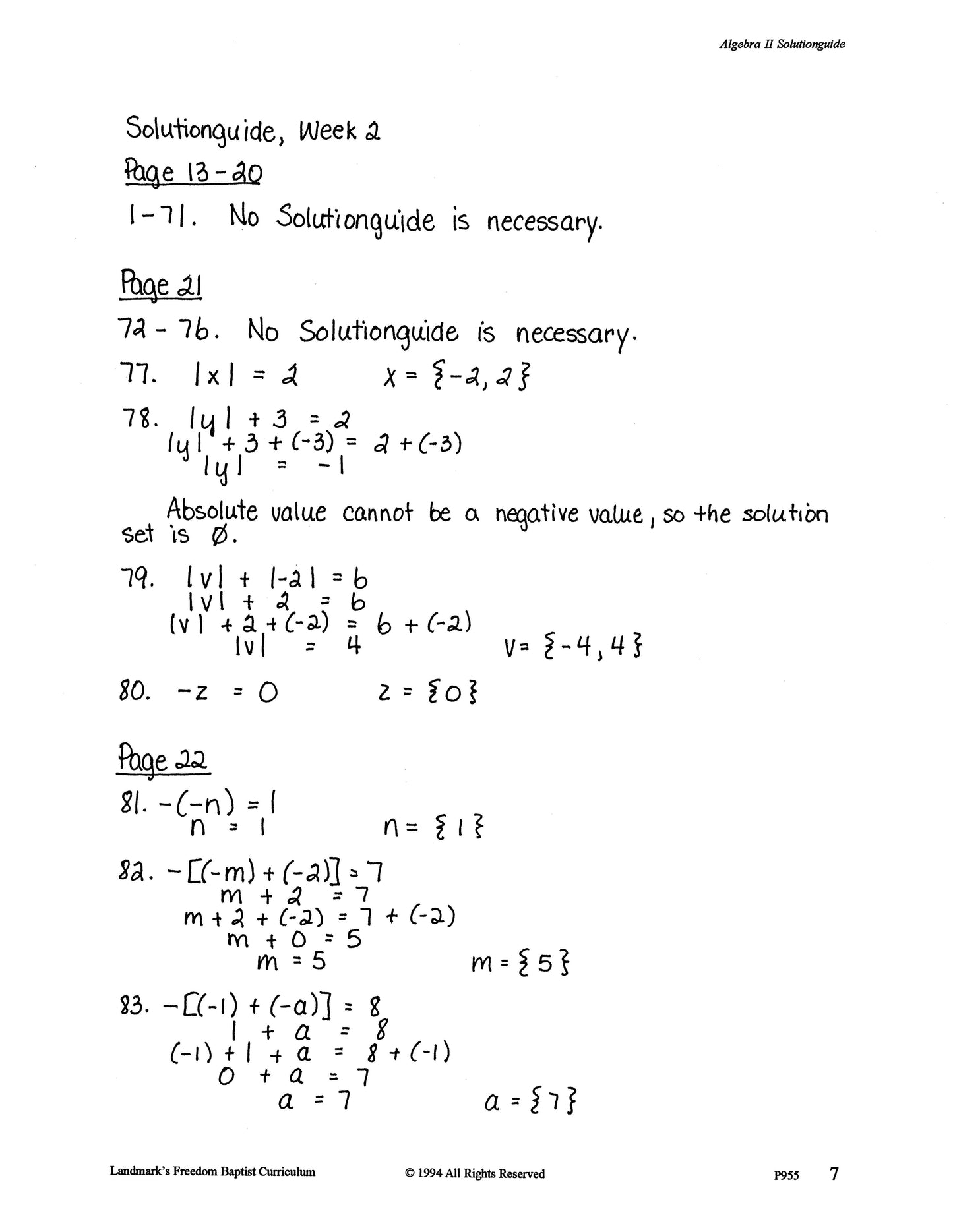 Support - Algebra II Solution Guide