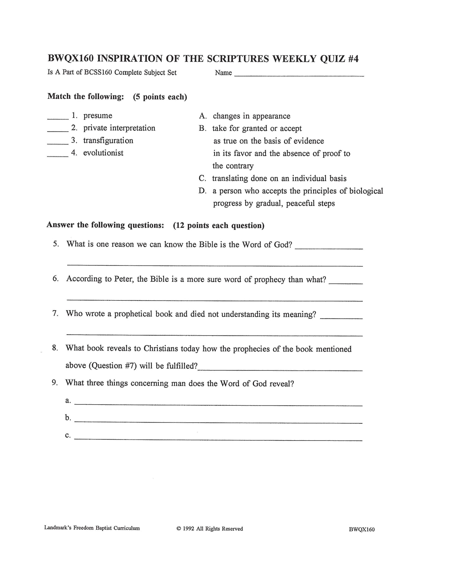 Bible Grade 12 - The Inspiration of the Scriptures