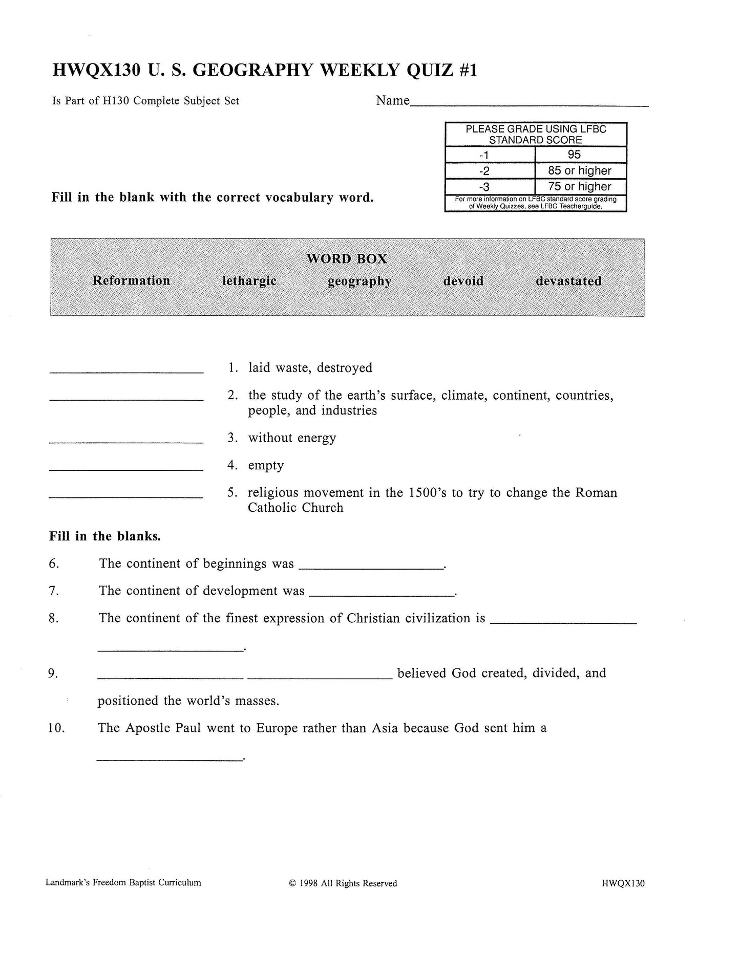 History Grade 06 - U.S. Geography