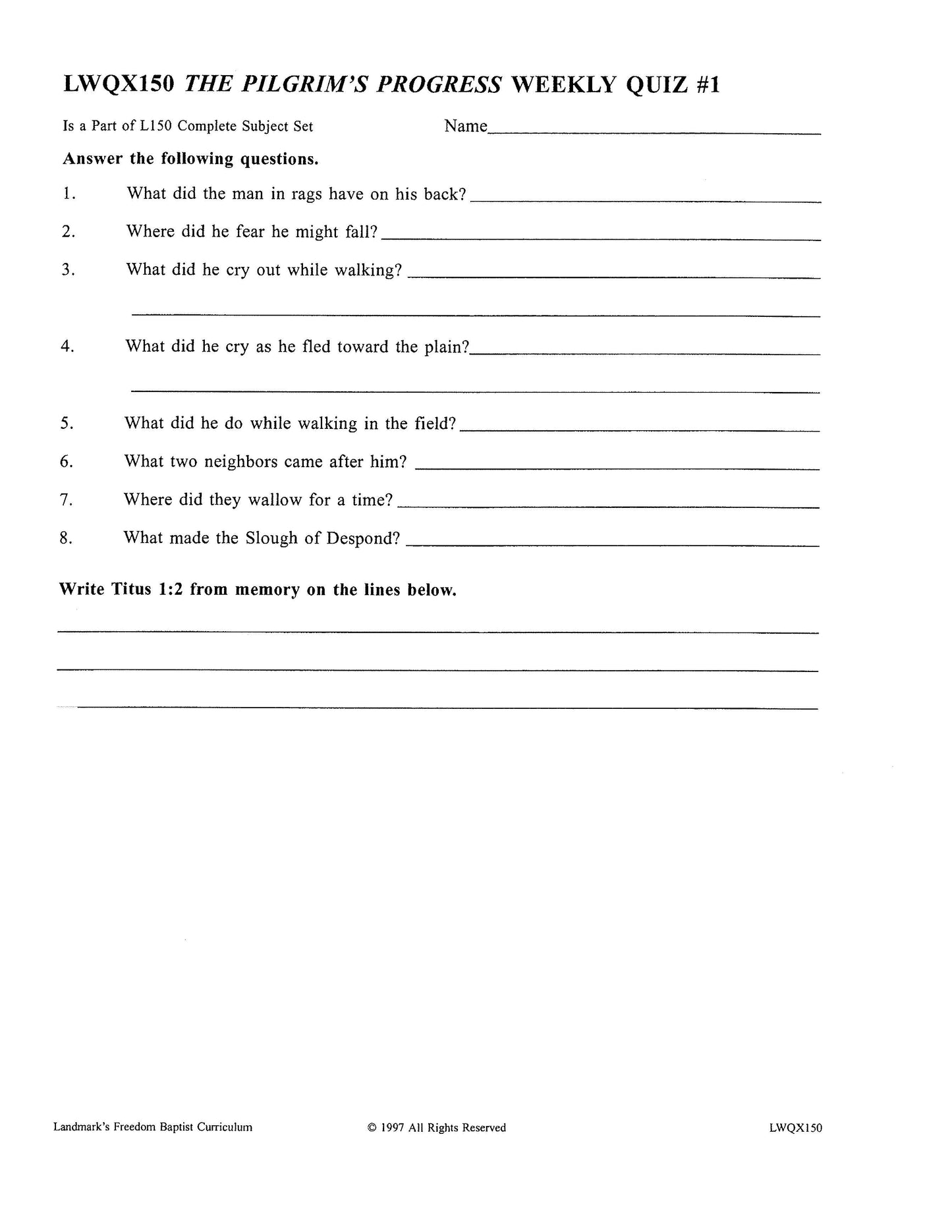 Literature Grade 10 - John Bunyan's The Pilgrim's Progress (ELECTIVE)