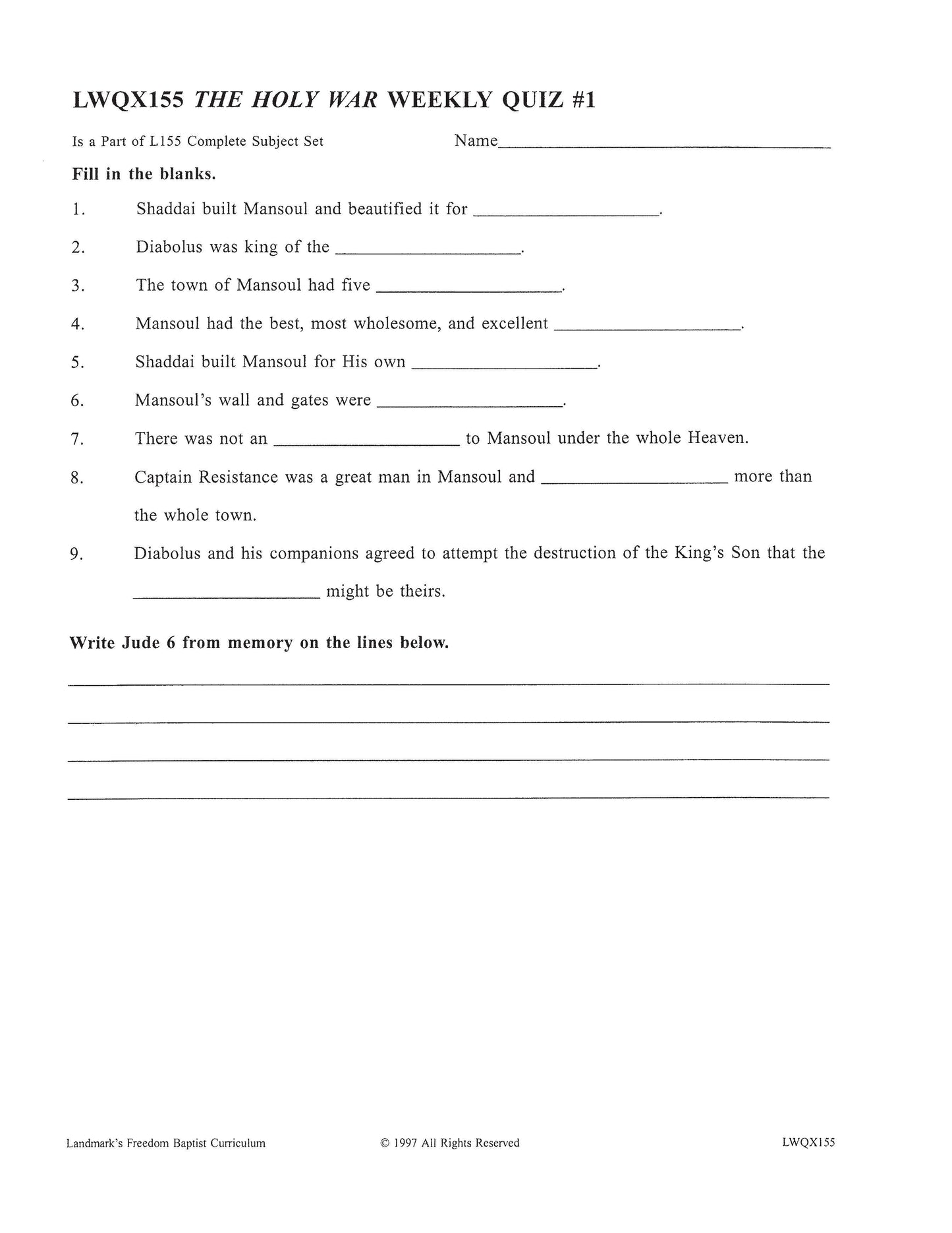 Literature Grade 11 - John Bunyan's The Holy War (ELECTIVE)