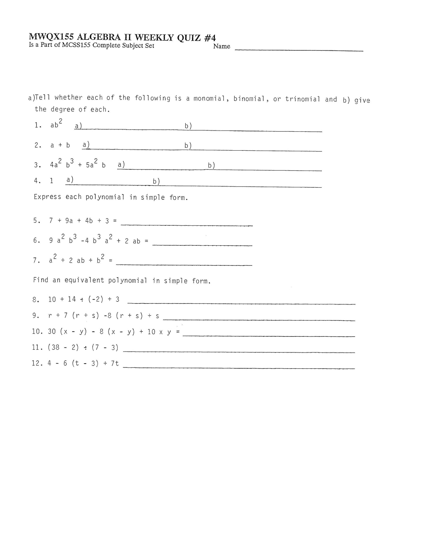 Math Grade 11 - Algebra II