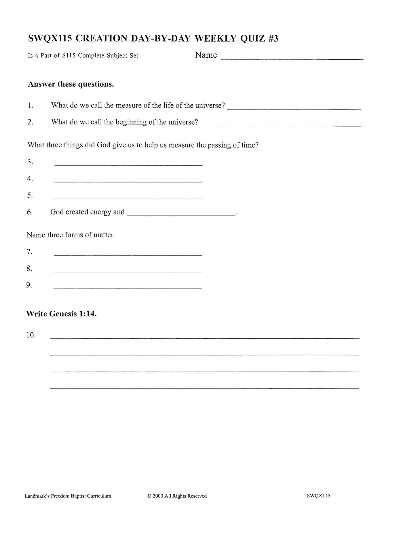 Science Grade 03 - Creation Day-by-Day