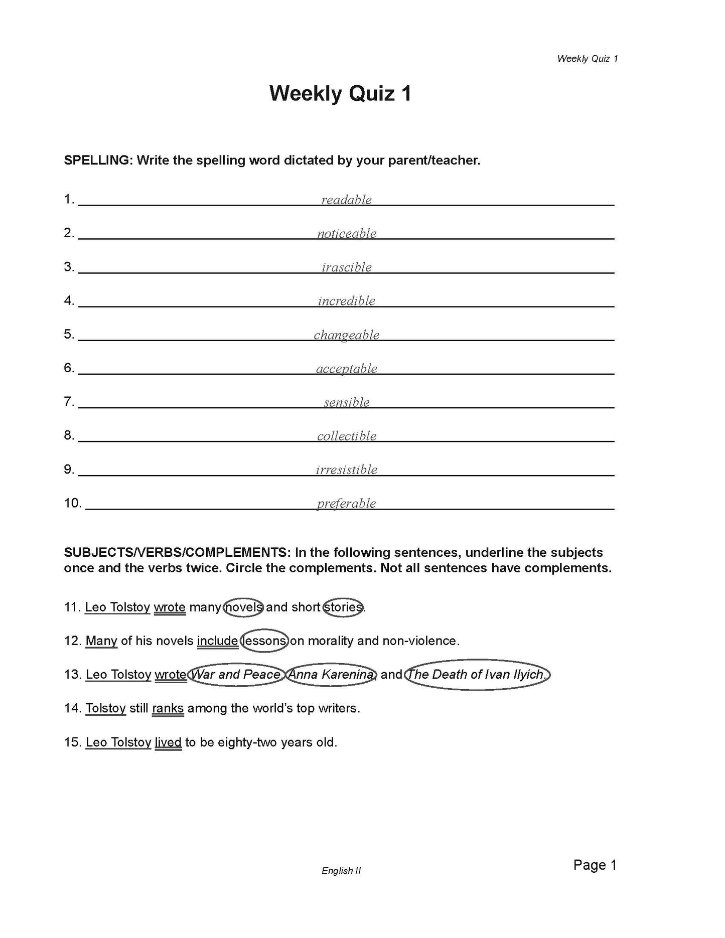 English Grade 10 - English Grammar and Composition II