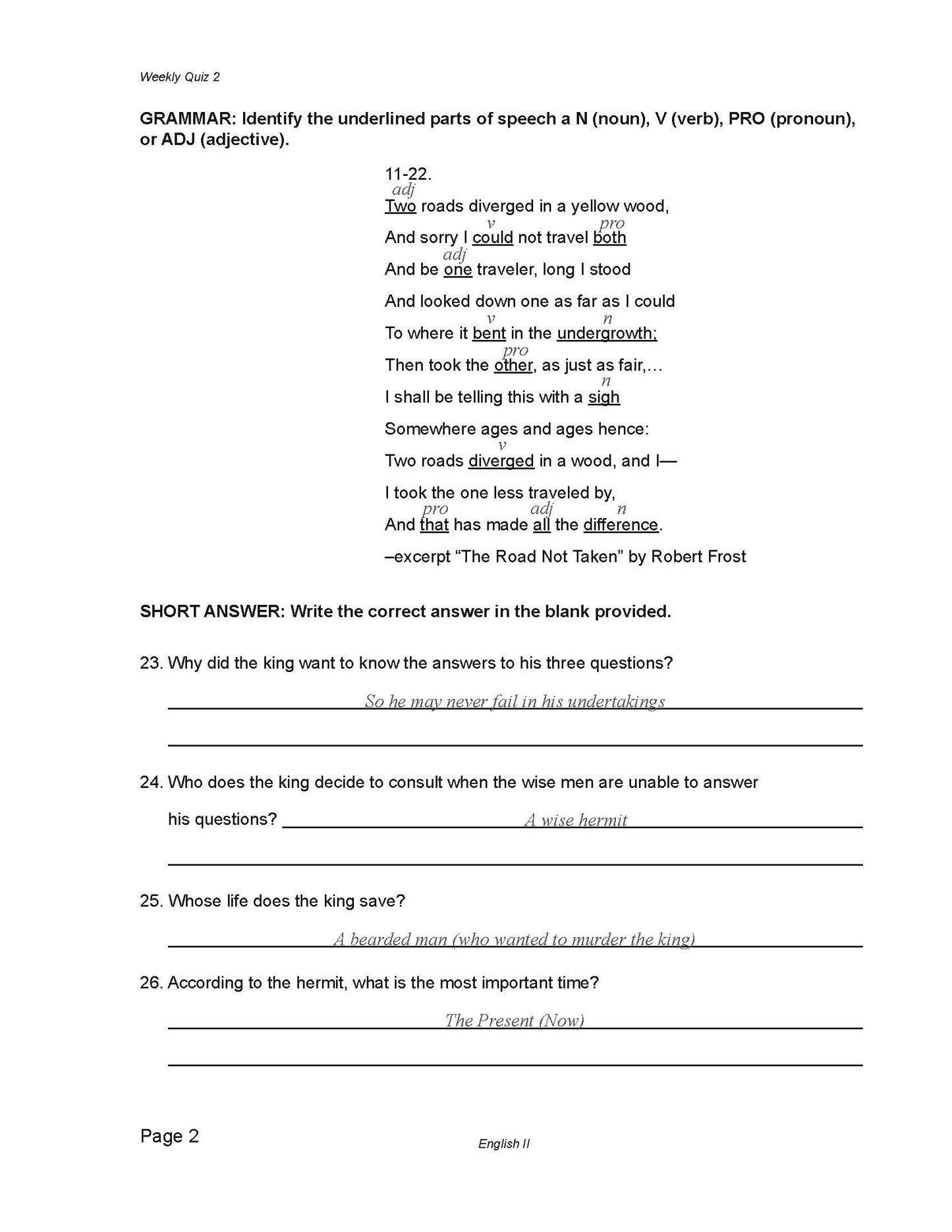 English Grade 10 - English Grammar and Composition II