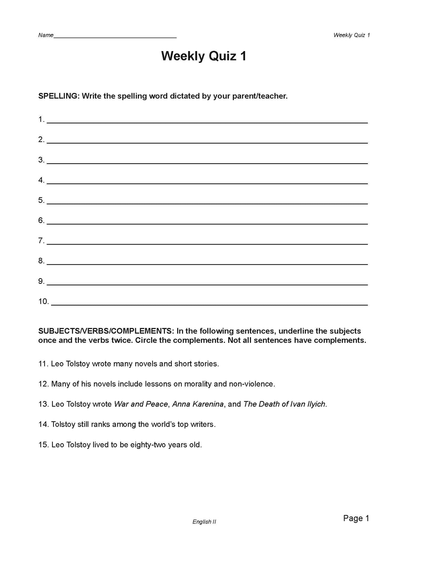 English Grade 10 - English Grammar and Composition II
