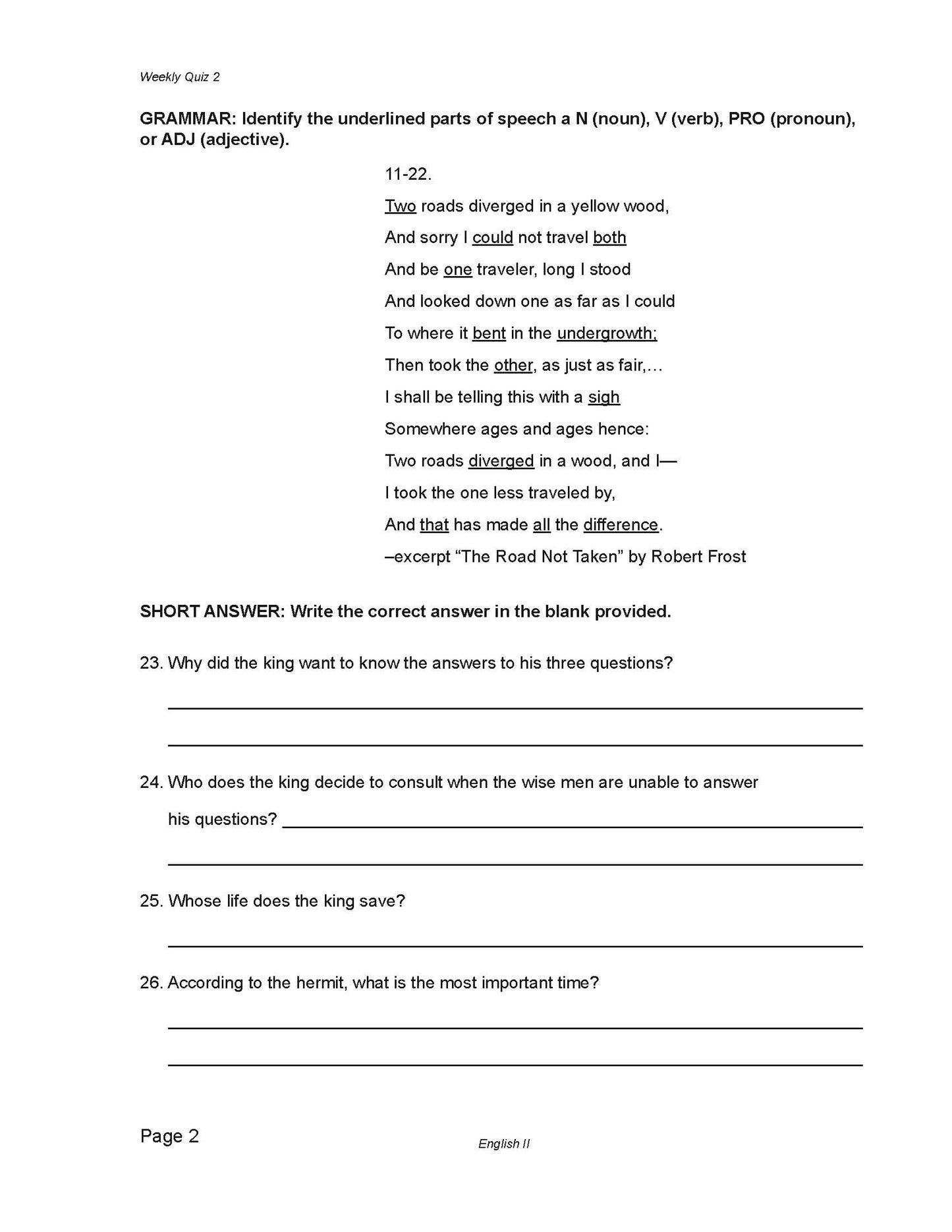 English Grade 10 - English Grammar and Composition II