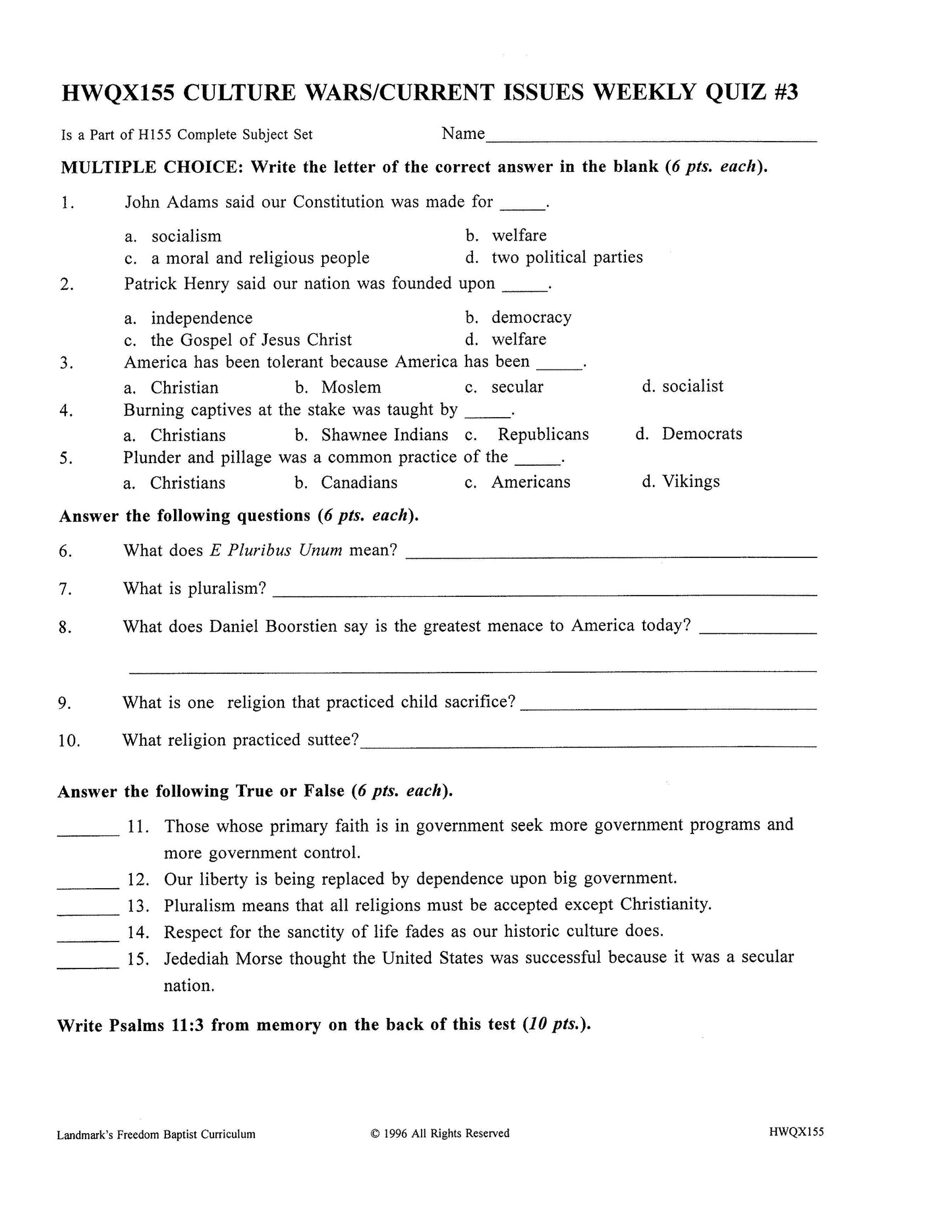 History Grade 11 - Culture War / Current Issues (ELECTIVE)