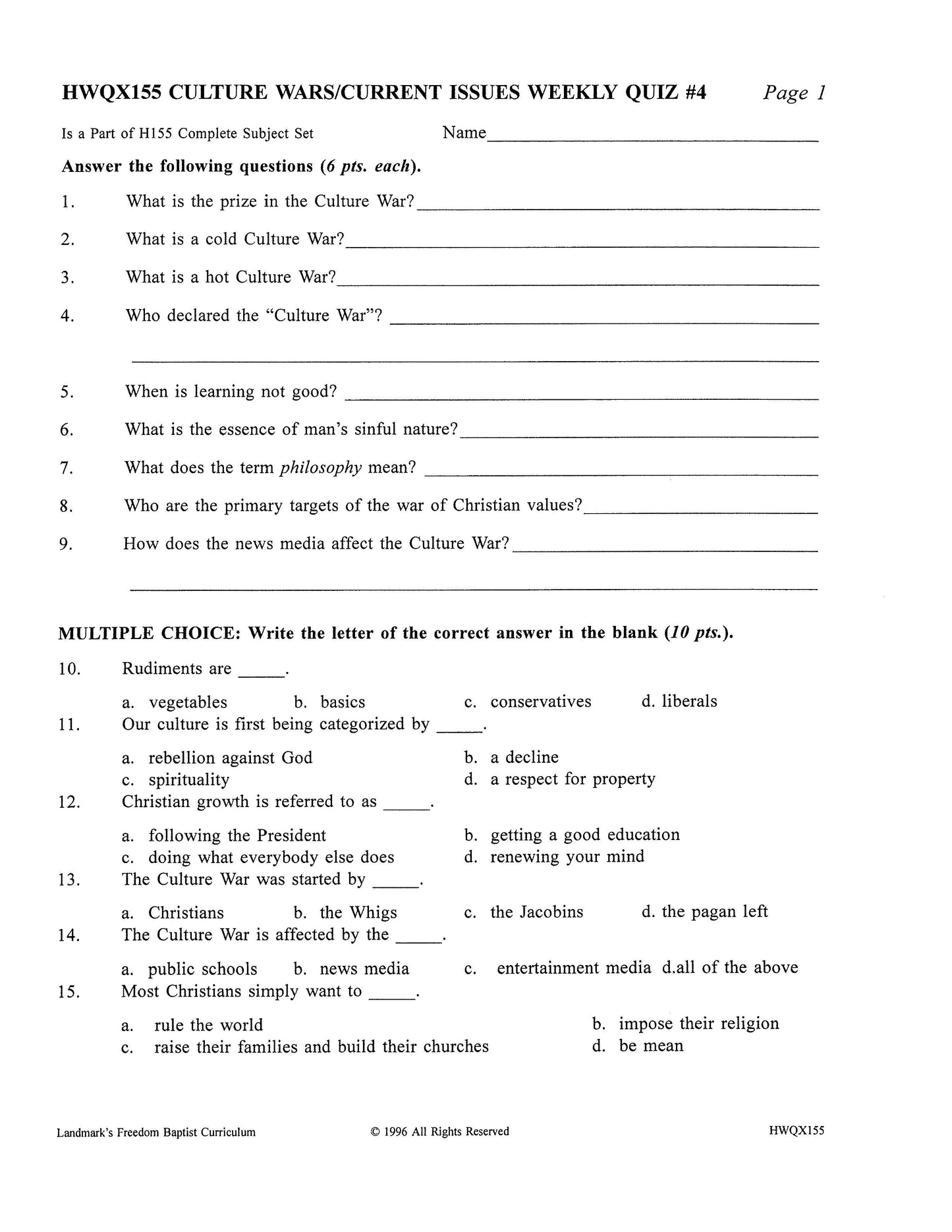 History Grade 11 - Culture War / Current Issues (ELECTIVE)