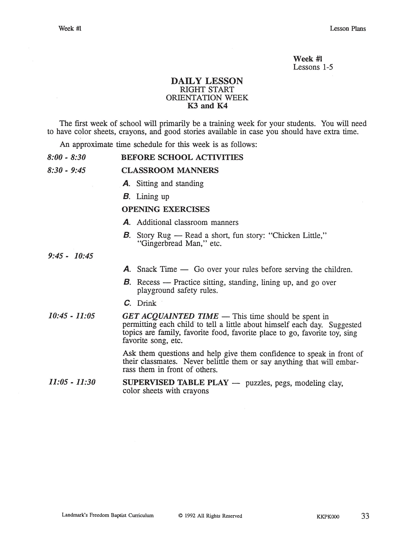 K3 Teacher's Curriculum Manual