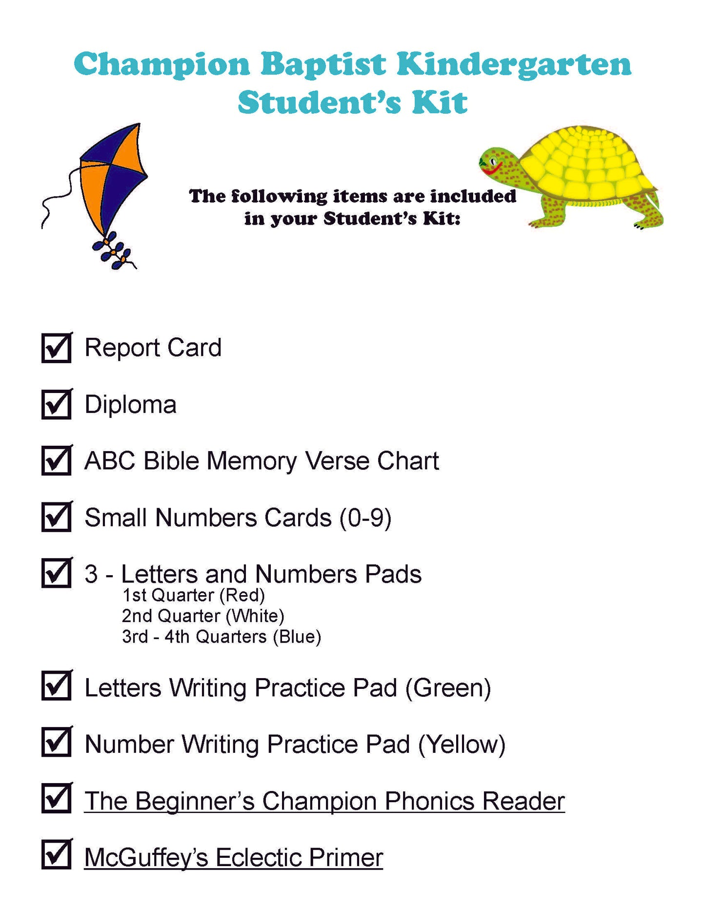 K5 Champion Baptist Kindergarten Student's Kit