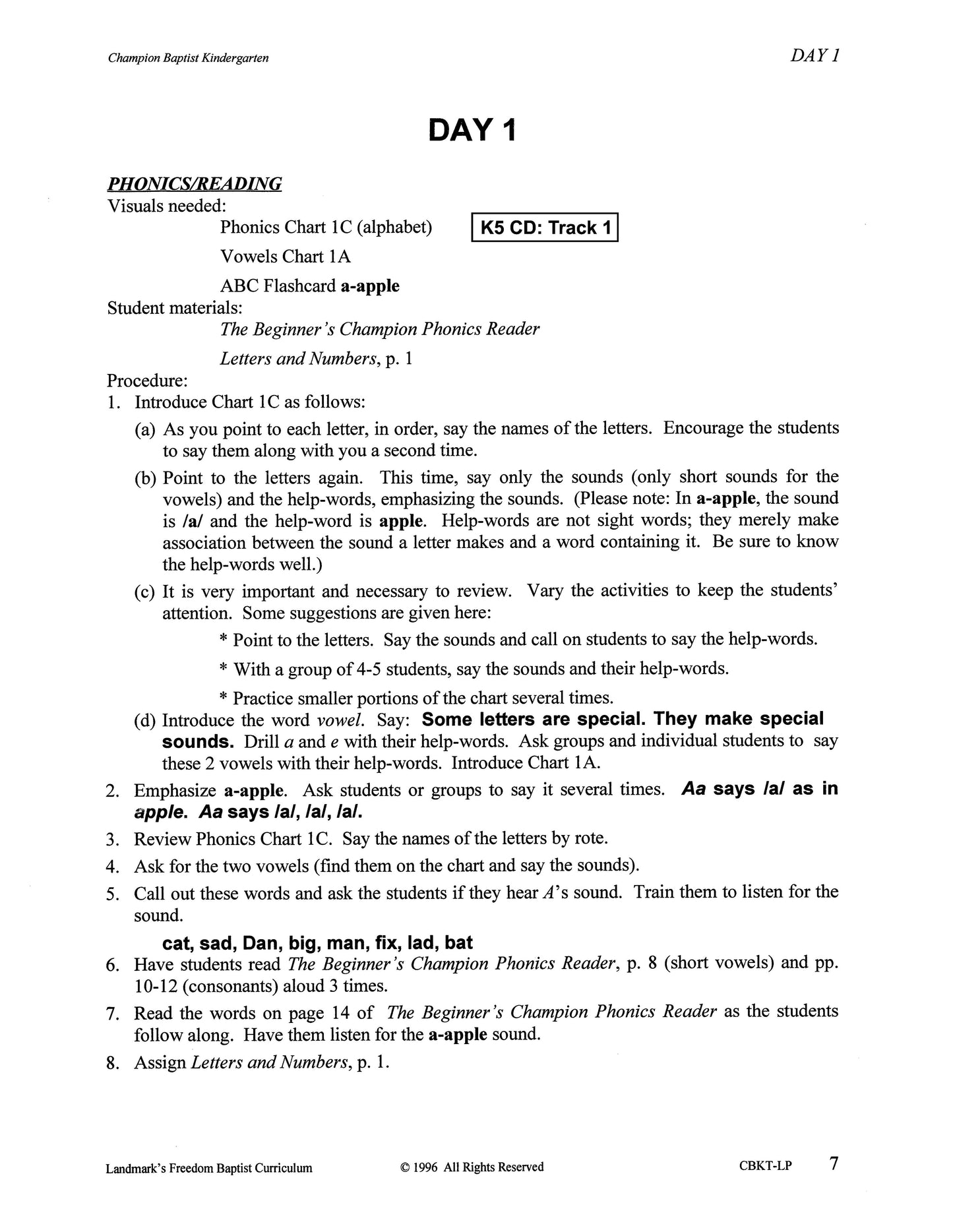 K5 Champion Baptist Kindergarten Teacher's Kit