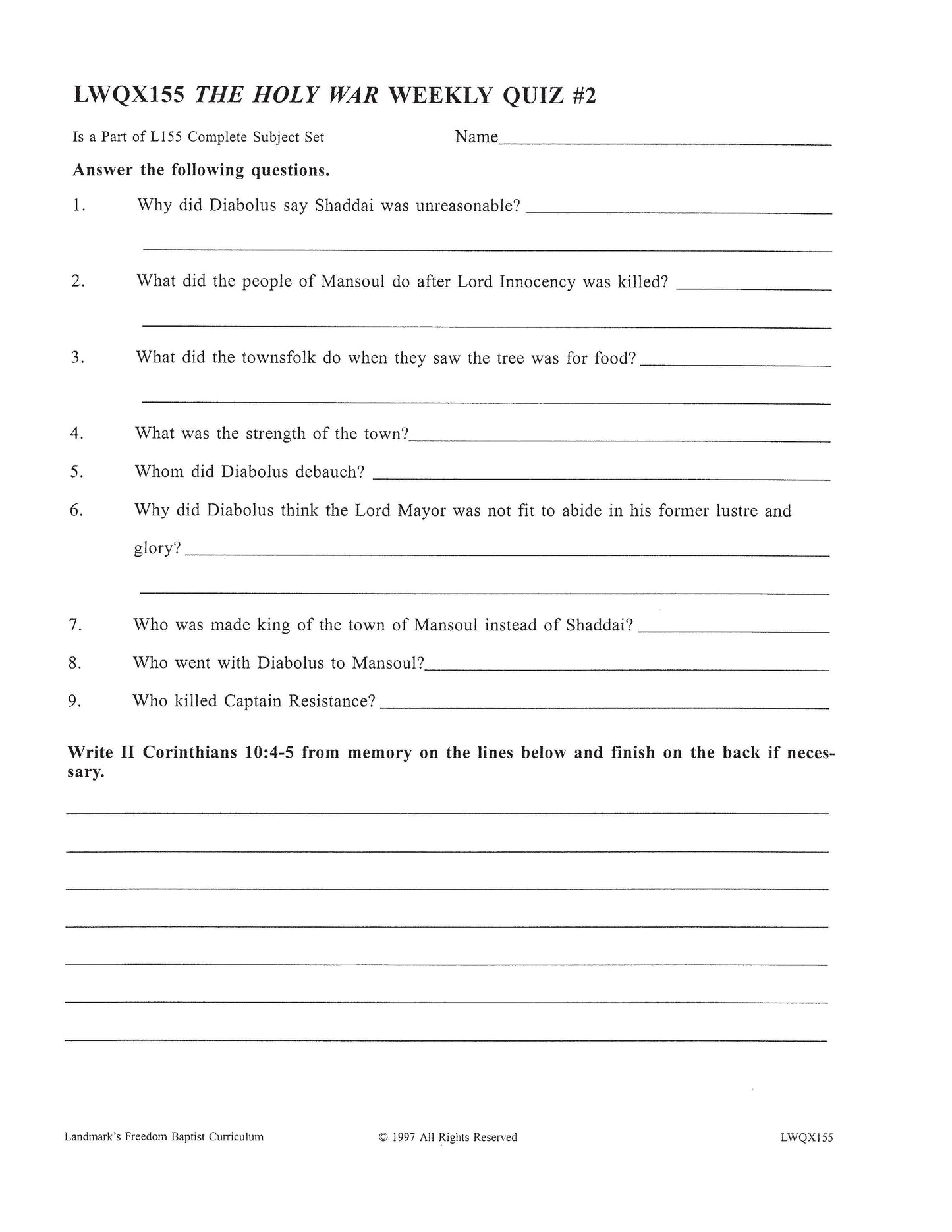 Literature Grade 11 - John Bunyan's The Holy War   (ELECTIVE)