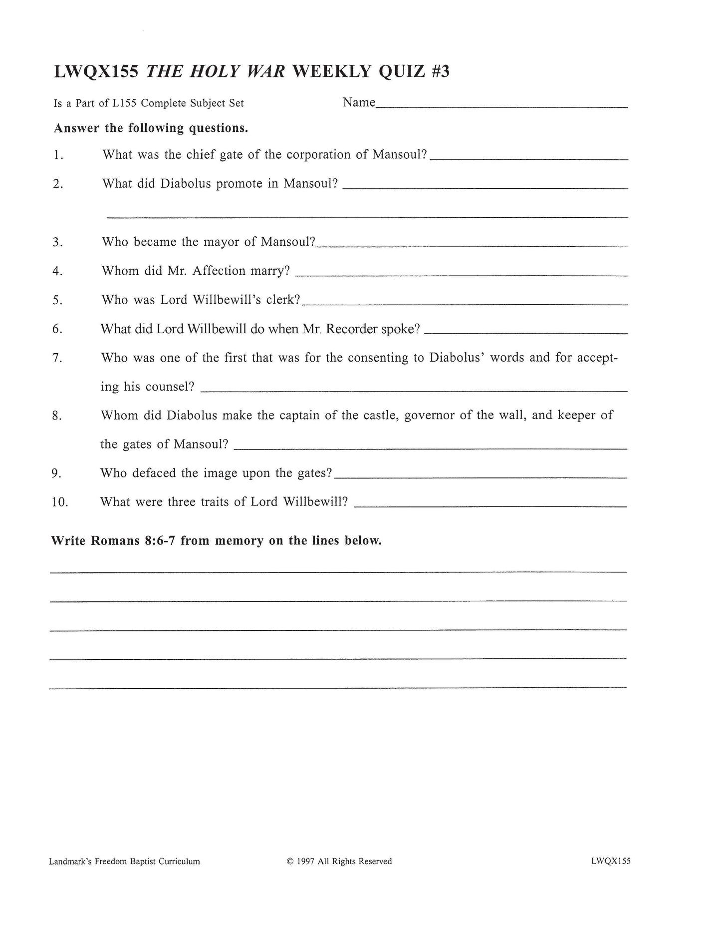 Literature Grade 11 - John Bunyan's The Holy War   (ELECTIVE)