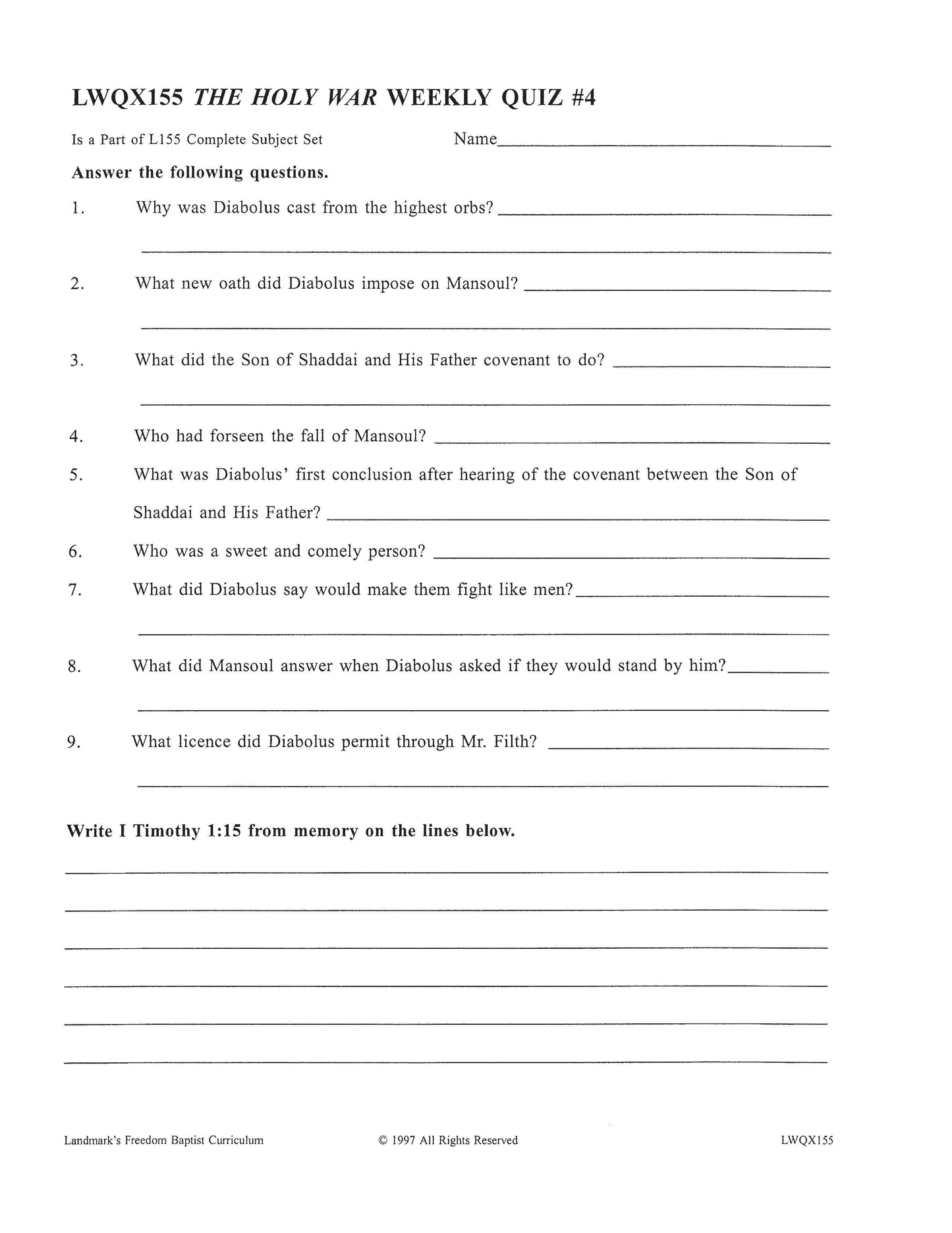 Literature Grade 11 - John Bunyan's The Holy War   (ELECTIVE)