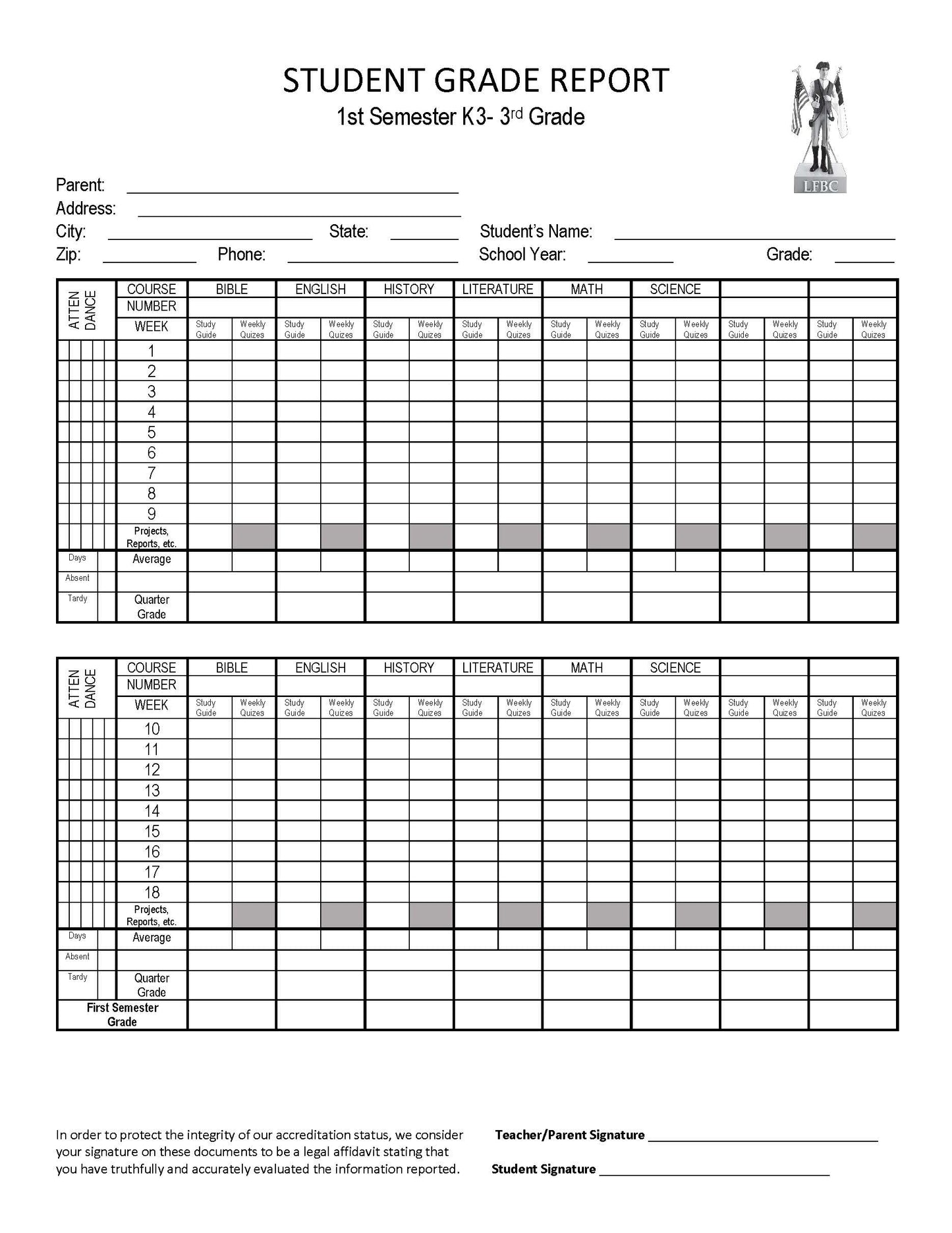 Student Grade Report 1st- 3rd Grade
