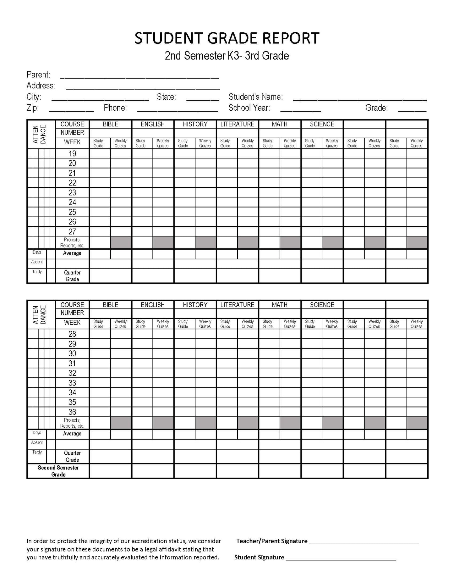 Student Grade Report 1st- 3rd Grade